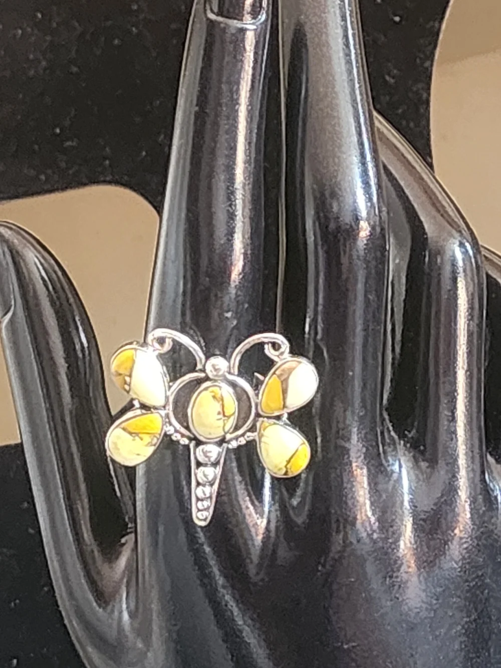 Yellow Turquoise Sterling Silver Butterfly Dragonfly Statement Ring  Sz 10